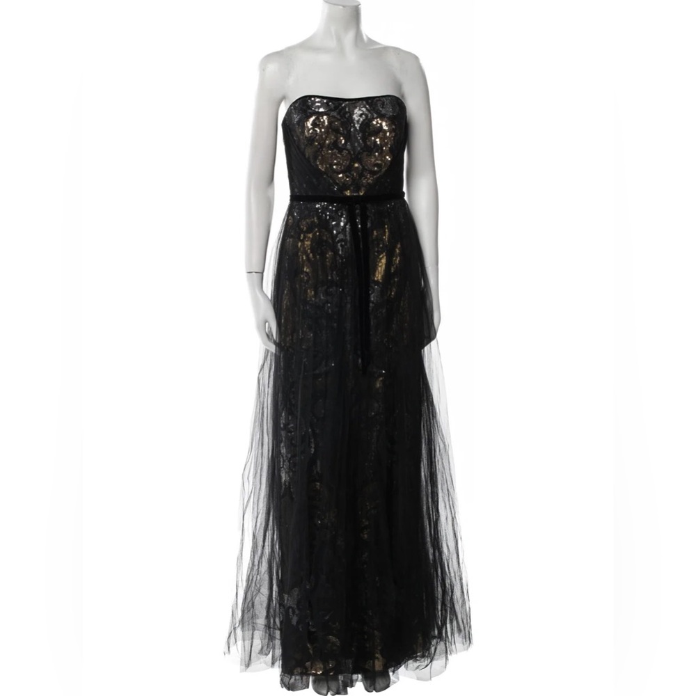 Marchesa Notte Glamorous Strapless Black and Gold Evening Gown